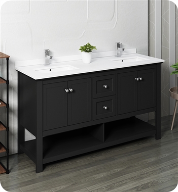 Fresca Manchester 60" Black Traditional Double Sink Bathroom Cabinet w/ Top & Sinks