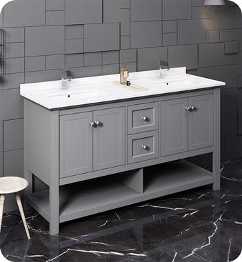 Fresca Manchester 60" Gray Traditional Double Sink Bathroom Cabinet w/ Top & Sinks