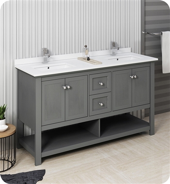 Fresca Manchester Regal 60" Gray Wood Veneer Traditional Double Sink Bathroom Cabinet w/ Top & Sinks