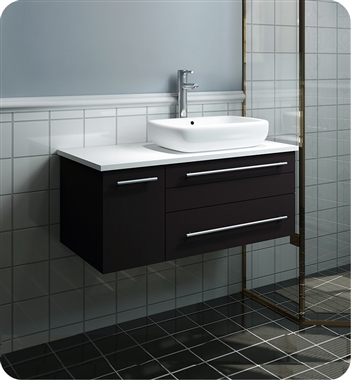 Fresca Lucera 36" Espresso Wall Hung Modern Bathroom Cabinet w/ Top & Vessel Sink - Right Version