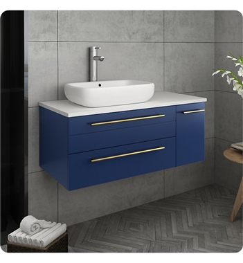 Fresca Lucera 36" Blue Wall Hung Modern Bathroom Cabinet w/ Top & Vessel Sink - Left Version