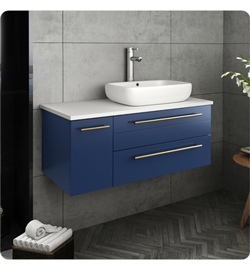 Fresca Lucera 36" Blue Wall Hung Modern Bathroom Cabinet w/ Top & Vessel Sink - Right Version