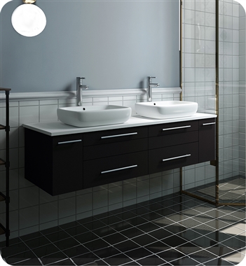 Fresca Lucera 60" Espresso Wall Hung Modern Bathroom Cabinet w/ Top & Double Vessel Sinks