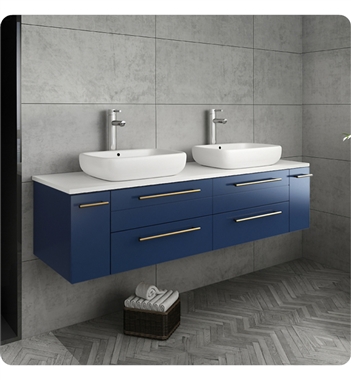 Fresca Lucera 60" Blue Wall Hung Modern Bathroom Cabinet w/ Top & Double Vessel Sinks