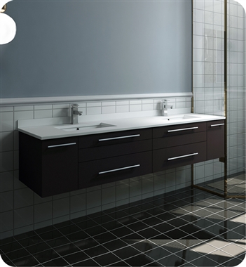 Fresca Lucera 72" Espresso Wall Hung Modern Bathroom Cabinet w/ Top & Double Undermount Sinks