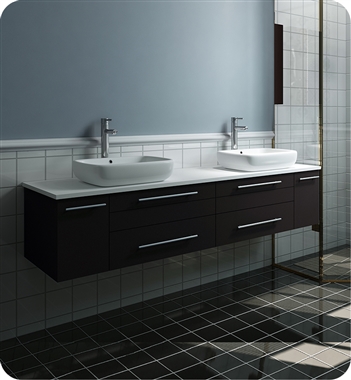 Fresca Lucera 72" Espresso Wall Hung Modern Bathroom Cabinet w/ Top & Double Vessel Sinks