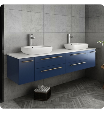 Fresca Lucera 72" Blue Wall Hung Modern Bathroom Cabinet w/ Top & Double Vessel Sinks