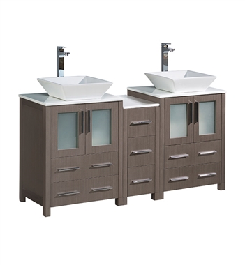 Fresca Torino 60" Gray Oak Modern Double Sink Bathroom Cabinets with Tops & Vessel Sinks