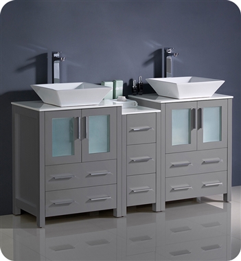 Fresca Torino 60" Grey Modern Double Sink Bathroom Cabinets with Tops & Vessel Sinks