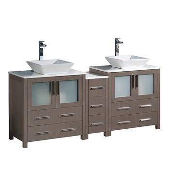 Fresca Torino 72" Gray Oak Modern Double Sink Bathroom Cabinets with Tops & Vessel Sinks