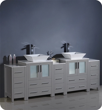 Fresca Torino 84" Grey Modern Double Sink Bathroom Cabinets with Tops & Vessel Sinks