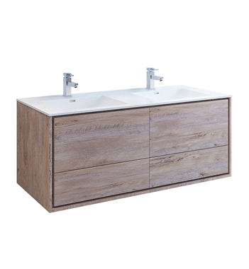 Fresca Catania 60" Rustic Natural Wood Wall Hung Modern Bathroom Cabinet with Integrated Double Sink