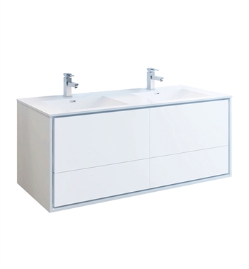 Fresca Catania 60" Glossy White Wall Hung Modern Bathroom Cabinet with Integrated Double Sink