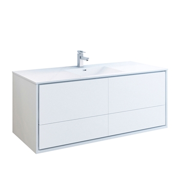 Fresca Catania 60" Glossy White Wall Hung Modern Bathroom Cabinet with Integrated Single Sink