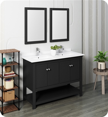 Fresca Manchester 48" Black Traditional Double Sink Bathroom Vanity w/ Mirrors