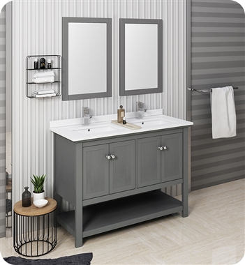 Fresca Manchester Regal 48" Gray Wood Veneer Traditional Double Sink Bathroom Vanity w/ Mirrors