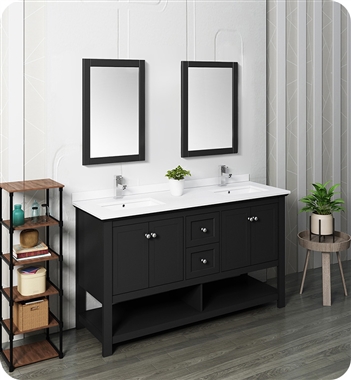 Fresca Manchester 60" Black Traditional Double Sink Bathroom Vanity w/ Mirrors