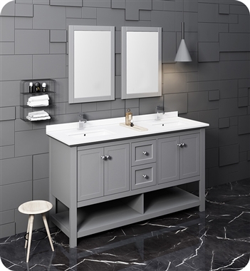 Fresca Manchester 60" Gray Traditional Double Sink Bathroom Vanity w/ Mirrors