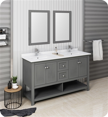 Fresca Manchester Regal 60" Gray Wood Veneer Traditional Double Sink Bathroom Vanity w/ Mirrors