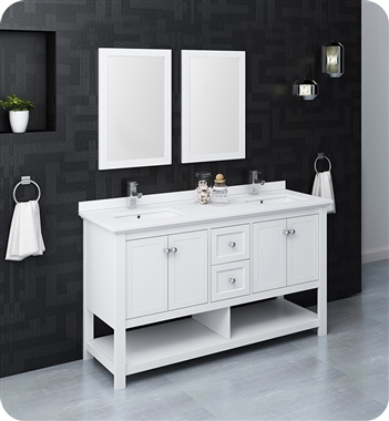 Fresca Manchester 60" White Traditional Double Sink Bathroom Vanity w/ Mirrors