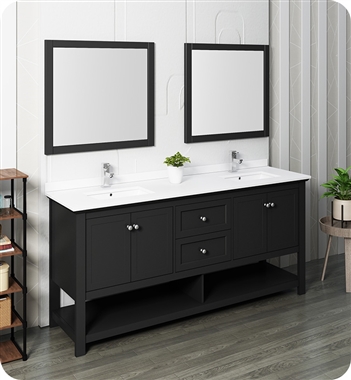 Fresca Manchester 72" Black Traditional Double Sink Bathroom Vanity w/ Mirrors