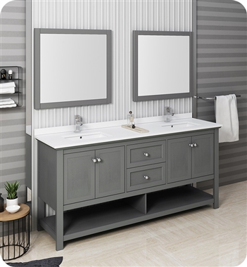 Fresca Manchester Regal 72" Gray Wood Veneer Traditional Double Sink Bathroom Vanity w/ Mirrors