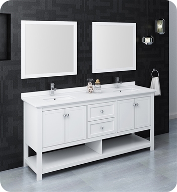 Fresca Manchester 72" White Traditional Double Sink Bathroom Vanity w/ Mirrors