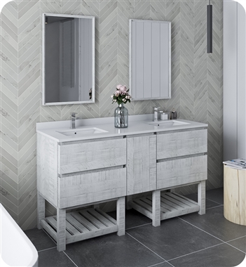 Fresca Formosa 60" Floor Standing Double Sink Modern Bathroom Vanity with Open Bottom & Mirrors in Rustic White