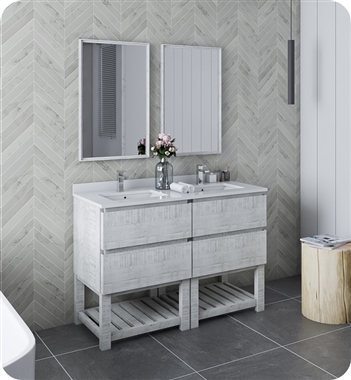 Fresca Formosa 48" Floor Standing Double Sink Modern Bathroom Vanity with Open Bottom & Mirrors in Rustic White