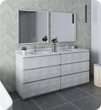 Fresca Formosa 72" Floor Standing Double Sink Modern Bathroom Vanity with Mirrors in Rustic White