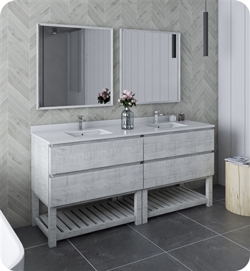 Fresca Formosa 72" Floor Standing Double Sink Modern Bathroom Vanity with Open Bottom & Mirrors in Rustic White