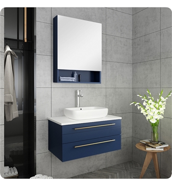 Fresca Lucera 30" Blue Wall Hung Vessel Sink Modern Bathroom Vanity w/ Medicine Cabinet