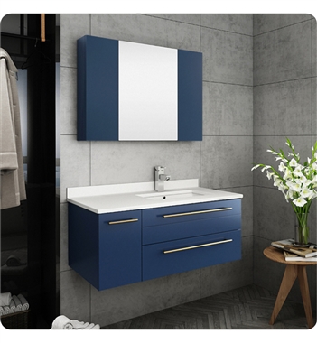 Fresca Lucera 36" Blue Wall Hung Undermount Sink Modern Bathroom Vanity w/ Medicine Cabinet - Right Version