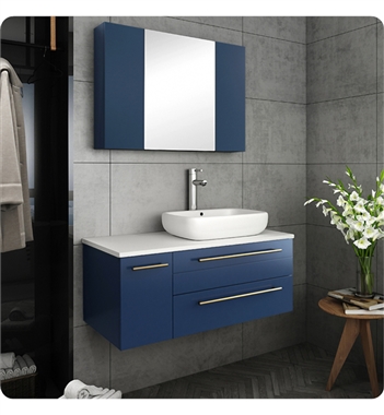 Fresca Lucera 36" Blue Wall Hung Vessel Sink Modern Bathroom Vanity w/ Medicine Cabinet - Right Version