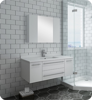 Fresca Lucera 42" White Wall Hung Undermount Sink Modern Bathroom Vanity w/ Medicine Cabinet