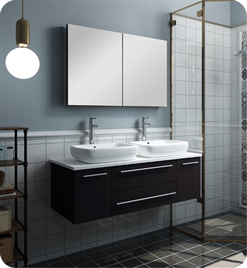 Fresca Lucera 48" Espresso Wall Hung Double Vessel Sink Modern Bathroom Vanity w/ Medicine Cabinet