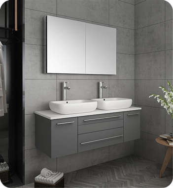 Fresca Lucera 48" Gray Wall Hung Double Vessel Sink Modern Bathroom Vanity w/ Medicine Cabinet