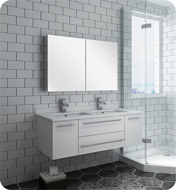 Fresca Lucera 48" White Wall Hung Double Undermount Sink Modern Bathroom Vanity w/ Medicine Cabinet