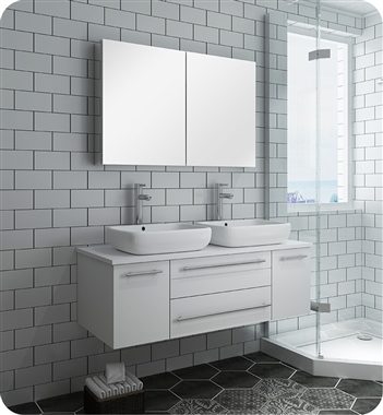 Fresca Lucera 48" White Wall Hung Double Vessel Sink Modern Bathroom Vanity w/ Medicine Cabinet