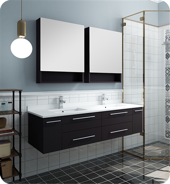 Fresca Lucera 60" Espresso Wall Hung Double Undermount Sink Modern Bathroom Vanity w/ Medicine Cabinets