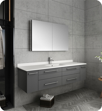 Fresca Lucera 60" Gray Wall Hung Single Undermount Sink Modern Bathroom Vanity w/ Medicine Cabinet