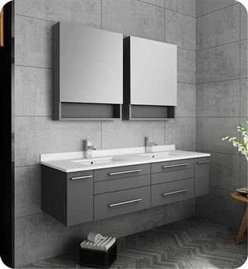 Fresca Lucera 60" Gray Wall Hung Double Undermount Sink Modern Bathroom Vanity w/ Medicine Cabinets