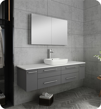 Fresca Lucera 60" Gray Wall Hung Single Vessel Sink Modern Bathroom Vanity w/ Medicine Cabinet