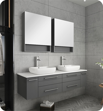 Fresca Lucera 60" Gray Wall Hung Double Vessel Sink Modern Bathroom Vanity w/ Medicine Cabinets