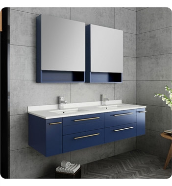 Fresca Lucera 60" Blue Wall Hung Double Undermount Sink Modern Bathroom Vanity w/ Medicine Cabinets