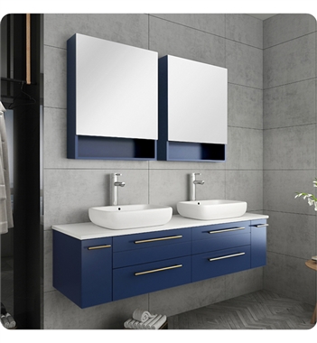 Fresca Lucera 60" Blue Wall Hung Double Vessel Sink Modern Bathroom Vanity w/ Medicine Cabinets