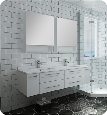 Fresca Lucera 60" White Wall Hung Double Undermount Sink Modern Bathroom Vanity w/ Medicine Cabinets