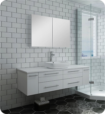 Fresca Lucera 60" White Wall Hung Single Vessel Sink Modern Bathroom Vanity w/ Medicine Cabinet