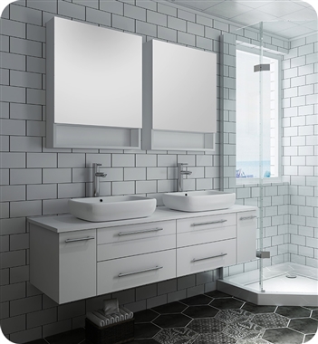 Fresca Lucera 60" White Wall Hung Double Vessel Sink Modern Bathroom Vanity w/ Medicine Cabinets