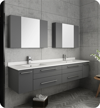 Fresca Lucera 72" Gray Wall Hung Double Undermount Sink Modern Bathroom Vanity w/ Medicine Cabinets